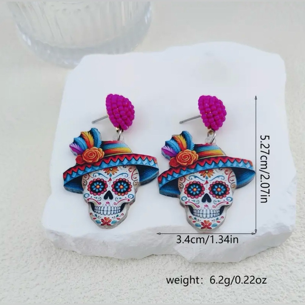 Sugar Skull Colorful Earrings Halloween Day of the Dead New - Picture 3 of 4